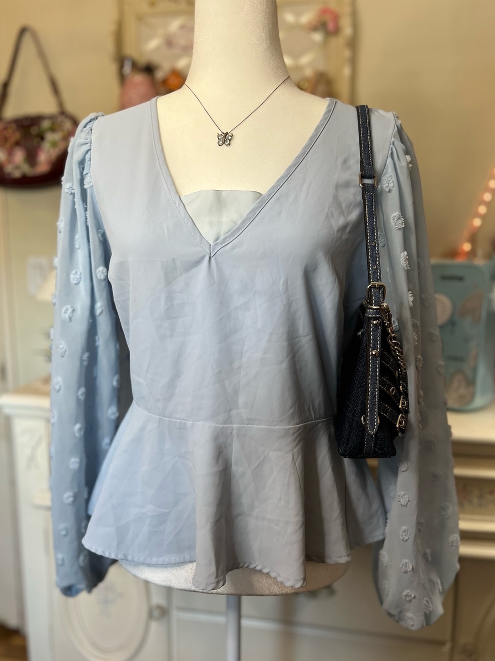 Light Blue V-Neck Peplum Blouse with Textured Long Sleeves